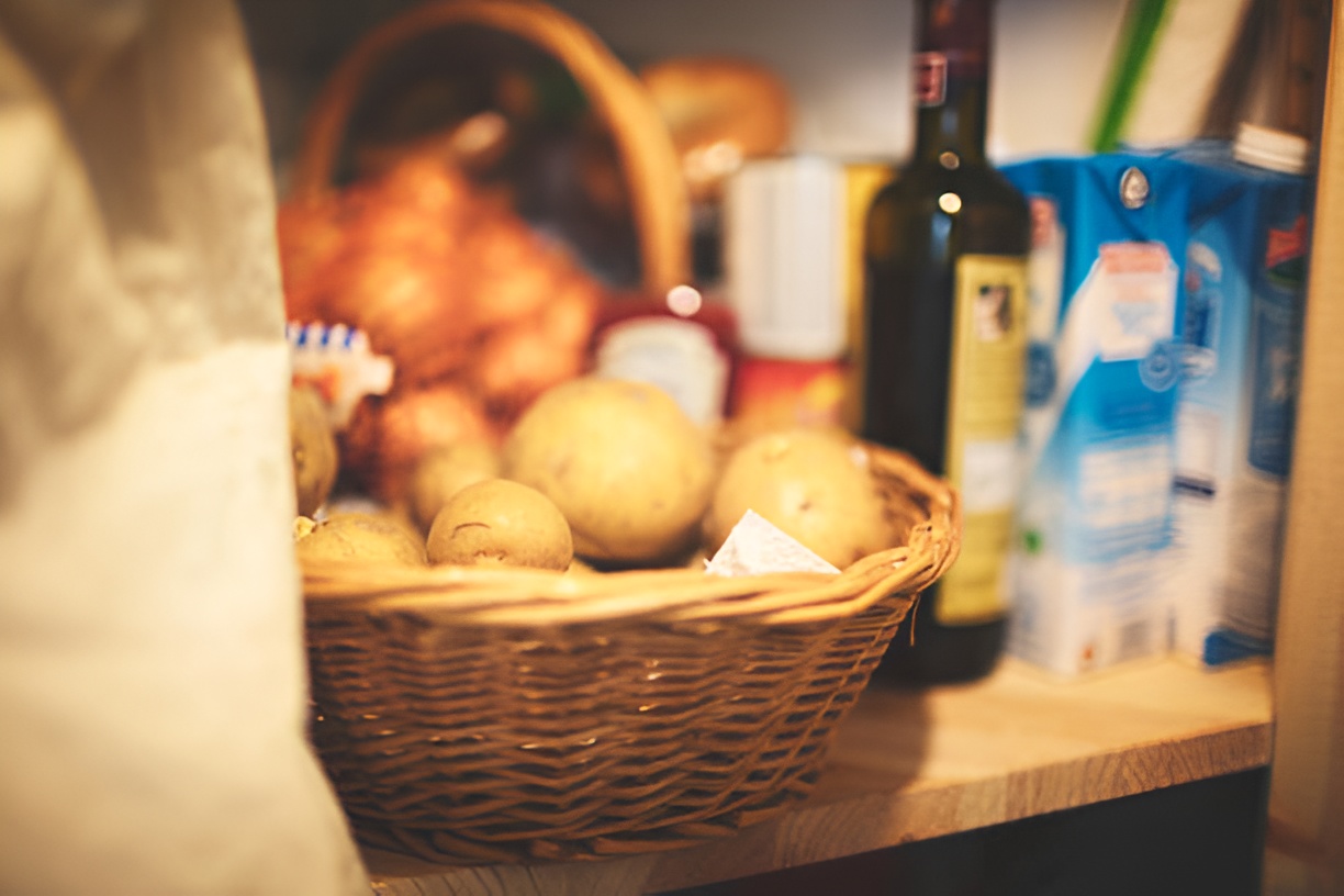 basket of potatoes in a pantry